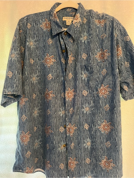 portofino Other - Blue Patterned Short-Sleeve Button-Down  Shirt 80% Silk